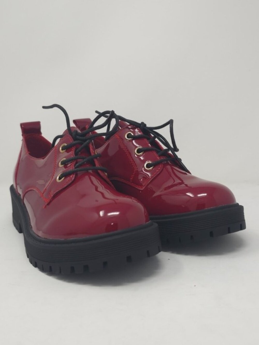Chunky Faux Leather Platform Oxford Patent  Red Pat Trendy Lug Sole Lace Up - Picture 2 of 10